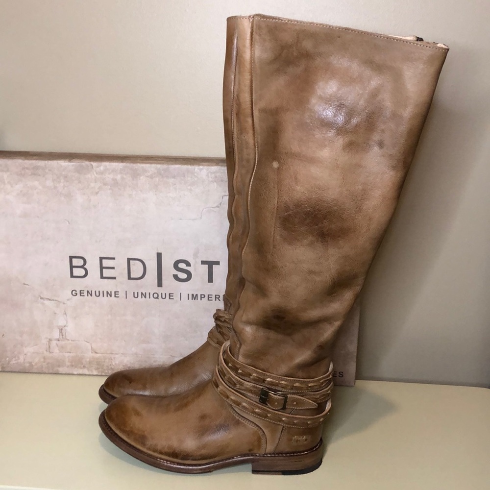 Bed Stu Tall Eva Tan Brown Distressed Leather Boots Riding Boots size 8.5